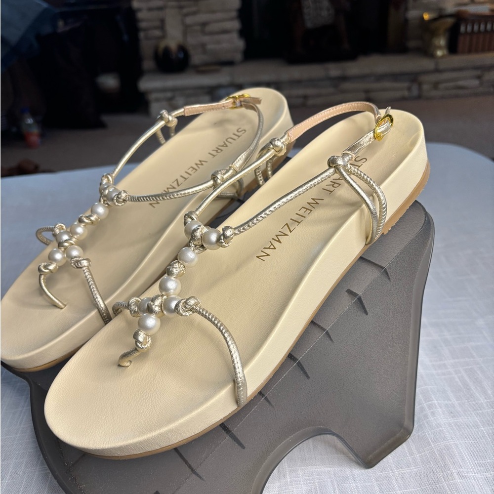 Stuart Weitzman Silver Sandals T-Strap Design